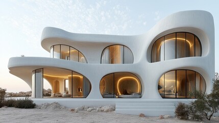 Fototapete - Sleek white structure with curved window tops and a giant archway, combining minimal design with traditional form
