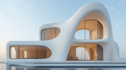 Fototapete - Sleek white structure with curved window tops and a giant archway, combining minimal design with traditional form