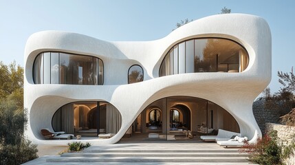 Fototapete - Sleek white structure with curved window tops and a giant archway, combining minimal design with traditional form