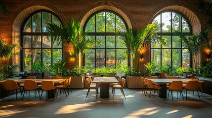 Poster - Sophisticated co-working space with a green backdrop of areca palms and natural lighting from high arched windows