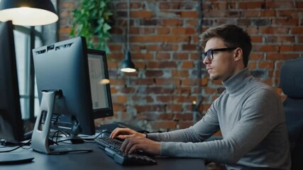 Man working on computer in modern office with focus and concentration