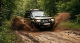 A powerful 4x4 off-road vehicle dramatically splashes through deep mud on a challenging forest trail, showcasing rugged adventure.