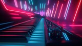 A keyboard with vibrant neon lights in a futuristic environment