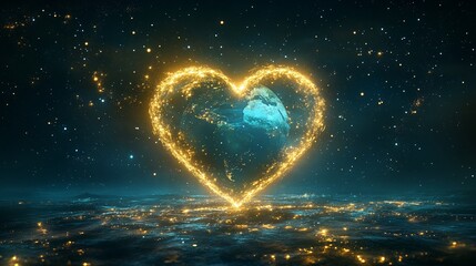 Wall Mural - A glowing heart encircles the Earth above a shimmering ocean under a starry night