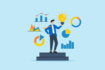 Aufkleber - Flat illustration of leader standing on stage while holding lightbulb and analyzing colorful charts representing creative thinking and data-driven decision making