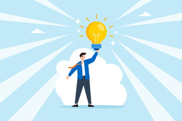 Poster - Flat illustration of businessman unlocking bright glowing idea symbolizing creative inspiration and breakthrough moment