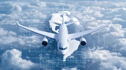 Poster - Futuristic Airplane Flying Above Clouds with Digital Overlay of Global Technology and Connectivity Concepts 4k video footage