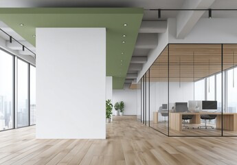 Poster - Modern open-plan office interior with white wall mockup, wooden flooring, and green ceiling under panoramic city windows. Cozy business center workspace with minimalist design concepts for creative pr