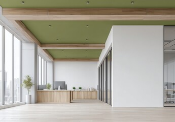 Poster - Modern open-plan office interior with white wall mockup, wooden flooring, and green ceiling under panoramic city windows. Cozy business center workspace with minimalist design concepts for creative pr