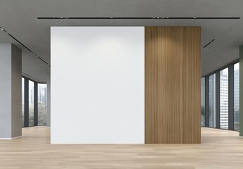 Poster - Modern open-plan office interior with white wall mockup, wooden flooring, and green ceiling under panoramic city windows. Cozy business center workspace with minimalist design concepts for creative pr