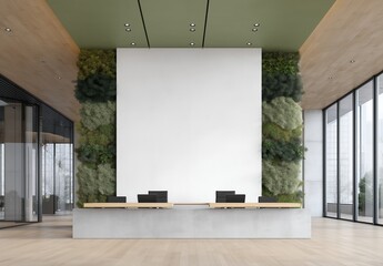 Poster - Modern open-plan office interior with white wall mockup, wooden flooring, and green ceiling under panoramic city windows. Cozy business center workspace with minimalist design concepts for creative pr