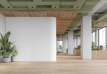Poster - Modern open-plan office interior with white wall mockup, wooden flooring, and green ceiling under panoramic city windows. Cozy business center workspace with minimalist design concepts for creative pr
