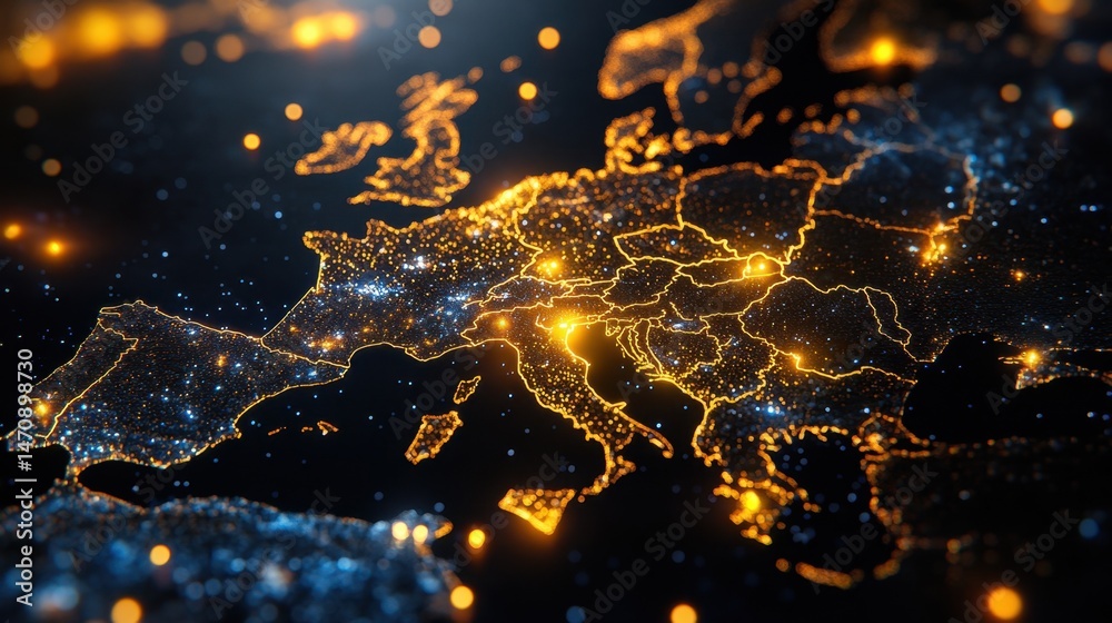 Pixel-style country map with city lights and data nodes on a black ...