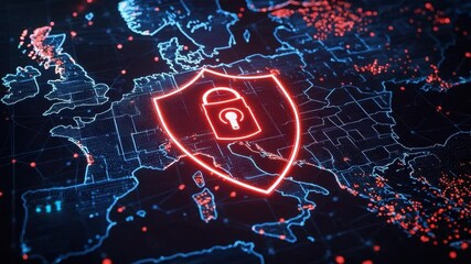 Poster - Digital Protection Concept with Shield and Lock Symbol Over Europe Map, Cybersecurity Illustration and Data Privacy Concept 4k video footage