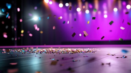 Fototapete - Sparkling confetti falling across a pink-lit empty concert stage, perfect for music awards mood