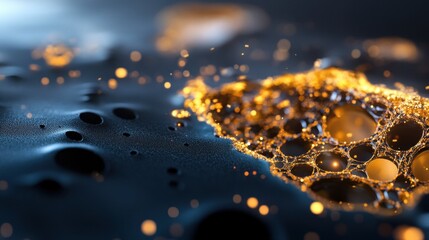 Fototapete - Sparkling particles in rich cobalt and gold hues over a matte black background