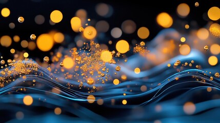 Fototapete - Sparkling particles in rich cobalt and gold hues over a matte black background