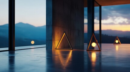 Fototapete - Stylish lighting setup with triangular reflections and glowing bulbs