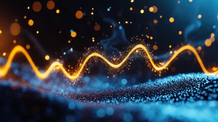 Fototapete - Surreal soundwave intertwined with glowing smoke and digital particles, music concept art
