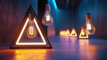 Fototapete - Triangle-themed composition with illuminated bulbs in futuristic setting