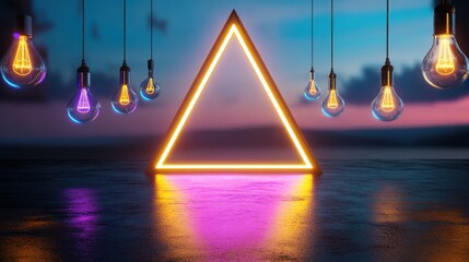 Fototapete - Triangle-themed composition with illuminated bulbs in futuristic setting