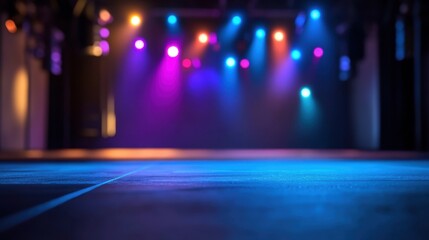 Poster - Vibrant spotlights in motion blur over an empty stage, dynamic and colorful performance mood
