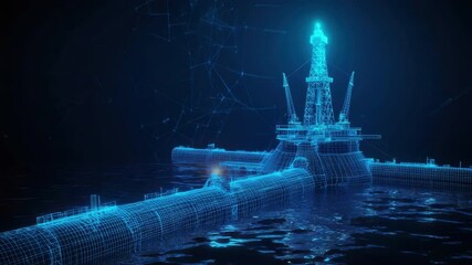 Poster - Wireframe Image of an Offshore Oil Rig with Digital Effects and Ocean Background in a Futuristic Style 4k video footage