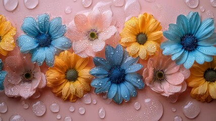 Wall Mural - A vibrant arrangement of flowers with droplets on a pink background, showcasing blue and yellow hues.