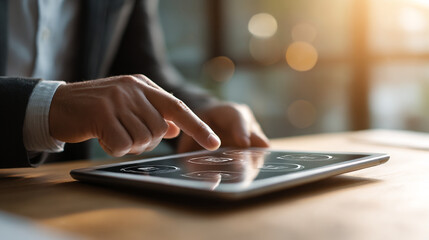 Poster - Businessman using tablet for business analytics data analysis and digital transformation strategy concept