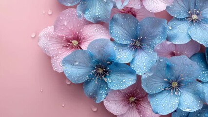 Wall Mural - A close-up of beautiful blue and pink flowers adorned with droplets of water on a soft pink background.