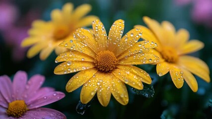 Wall Mural - Close-up of colorful flowers with water droplets glistening on their petals, captured in a vibrant garden setting.
