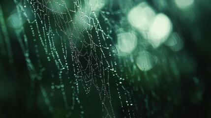 Spiderweb with Water Droplets Against Blurred Green Background