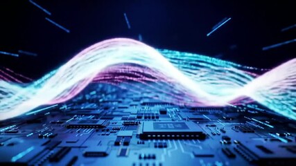 Poster - Abstract Digital Circuit Board with Flowing Energy Waves and Glowing Lines