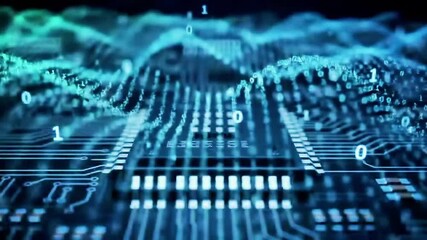 Poster - Digital Circuitry with Binary Code Flowing Over a Computer Processor