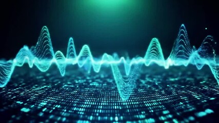 Poster - Abstract Teal Waveforms Flowing Over Digital Grid