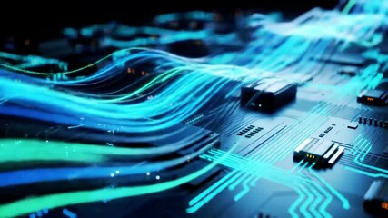 Poster - Abstract Data Flow Visualization: Circuit Board with Glowing Energy Waves