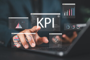 Poster - Businessman analyzing KPI dashboard and data analytics using AI technology, graphs, showing charts and performance indicators for digital strategy, business intelligence and data visualization.