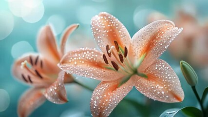 Wall Mural - Delicate orange lilies adorned with droplets, set against a soft blue background, conveying tranquility and beauty.