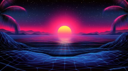 Poster - Neon Sunset Over a Futuristic Ocean