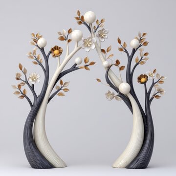 Abstract Stylized Trees with White and Beige Blossoms, Dark and Light Wood Grain Textures