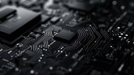 Fototapete - Abstract picture of chip on complex circuit with digital technology style design and the electric light graphic show dynamic movement represent about processor algorithm process on computer. AIG53.