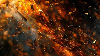 Poster - Abstract digital art with glowing orange particles and shards. Digital artwork of glass fragment scattering with dark background. Technology and energy concept for wallpaper, banner. Cyber. AIG53.