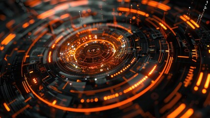 Leinwandbilder - Glowing orange circuit board with detailed lines and patterns on a dark background. Digital art for design. Abstract image of wireframe or motherboard with glowing color with electronic parts. AIG53.