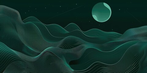 Aufkleber - Minimalist abstract design with green waves and red dots on a dark background. Background image of white wave or geometric shape with green background. Technology innovation Fluid pattern. AIG51.