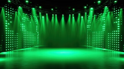 Aufkleber - Large-scale empty stage with green LED light wall background and symmetrical green spotlights shining from top in photorealistic quality. Hyper-realistic high-resolution studio setup with deep black t