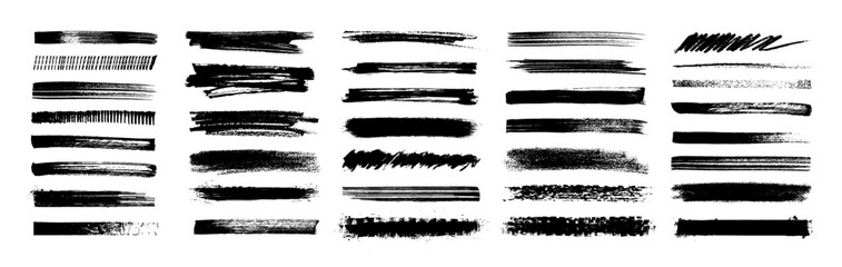 Fototapete - Paint brush and grunge stroke graphic set. Black and white Brush stroke isolated on white background, silhouettes in dirty style, spray effect, splashes, drops, paint drips. Vector graphic collection