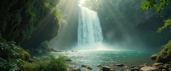 Aufkleber - Majestic waterfall cascading through lush forest during daytime