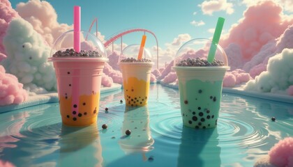 Aufkleber - Three colorful bubble tea drinks floating in whimsical water