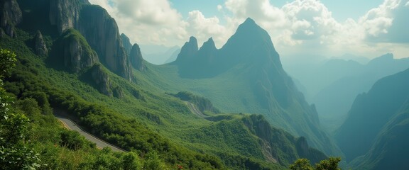 Poster - Serene mountain landscape with winding road during daytime