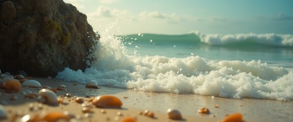 Poster - Ocean waves breaking against rocks with seashells on beach
